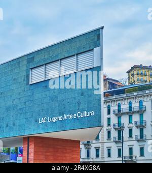 LUGANO, SWITZERLAND - MARCH 14, 2022: The futuristic facade of LAC Lugano Arte e Cultura cultural center, Lugano, Switzerland Stock Photo