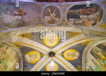 LUGANO, SWITZERLAND - MARCH 14, 2022: The frescoed medieval vault of Santa Maria degli Angeli Church, Lugano, Switzerland Stock Photo