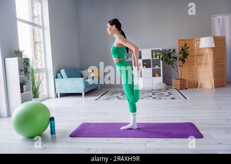 Full length profile photo of slender determined person stand fitness mat stretching leg morning workout apartment indoors Stock Photo Alamy