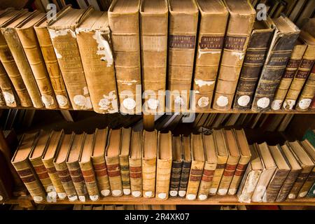 Worn books on a shelf about the history of England in South India.; Ooty, India Stock Photo