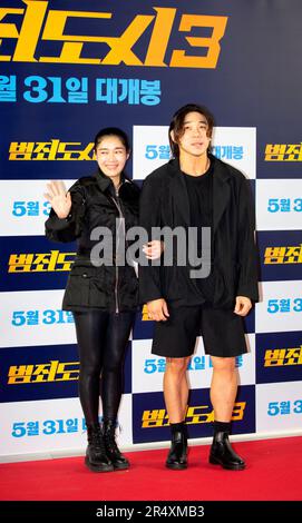 Sun Woo-Sun and Lee Soo-Min, May 22, 2023 : South Korean actress Sun Woo-Sun (L) and martial arts director Lee Soo-Min attend a photocall before a VIP preview of South Korean movie 'The Roundup: No Way Out' in Seoul, South Korea. 'The Roundup: No Way Out', the third installment of 'The Outlaws' series will hit local theaters on May 31. Credit: Lee Jae-Won/AFLO/Alamy Live News Stock Photo