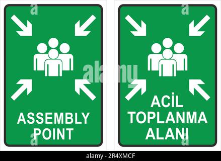 Assembly Point vector sign, fire emergency meeting area (English and Turkish version). Stock Vector