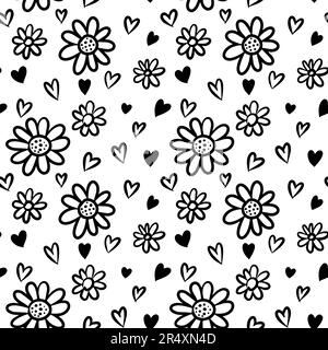 Vector seamless hand drawn flowers and hearts pattern. Floral card with leaves Isolated on white background. Stock Vector