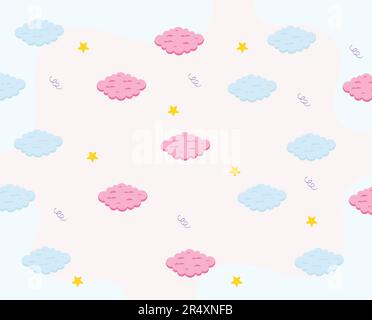Cute Baby Blue and Pink Clouds, Yellow Stars and Confetti Vector Seamless. Stock Vector