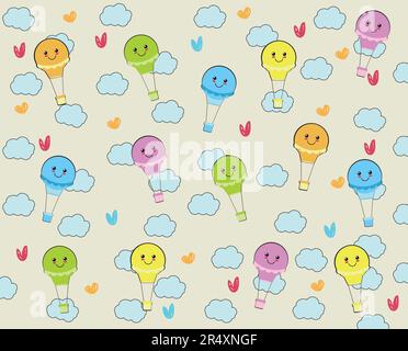 Cute Baby Air Balloons, Clouds and Hearts Vector Seamless. Stock Vector