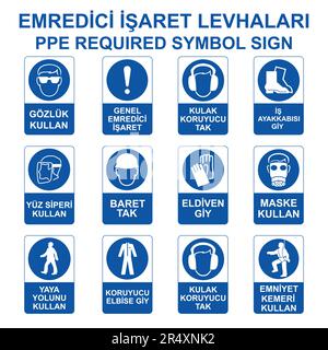 PPE Required Symbol Sign Vector. Set of web icons in blue and white colors. Vector illustration. Translate: Emredici İsaret Levhaları Vektör. Stock Vector