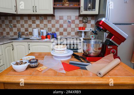 desktop and pastry chef tools at home production Stock Photo