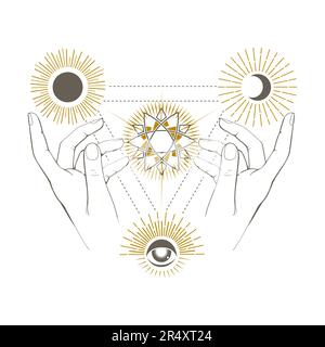 Esoteric Emblem Female Hands with Moon Sun and Allseeing Eye Magical Symbols isolated on white. Vector Illustration Stock Vector