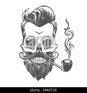 Tattoo of Skul with Mustache Beard Tobacco Pipe and Glasses Drawn in Vintage Engraving Style isolated on white. Vector illustration. Stock Vector