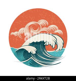 Vintage Ocean Wave Stormy Summer Surf Sunset Retro Design Template isolated on white. Vector illustration Stock Vector