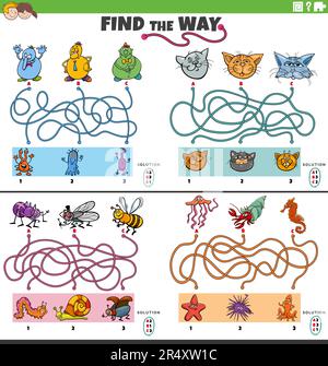 Cartoon illustration of find the way maze puzzle games set with funny comic characters Stock Vector