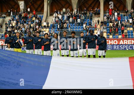 Felcsut, Hungary, 30/05/2023, France U17 lined up for the national anthems ceremony during the semi-final Under-17 Championship Hungary 2023 soccer match Spain U17 vs. France U17 at the Pancho Arena stadium in Felcsut, Hungary, 30rd of May 2023 Credit: Live Media Publishing Group/Alamy Live News Stock Photo