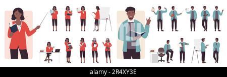 Cartoon isolated male dark skin and female characters standing pointing board with stick, teaching and holding open book and globe on lecture, education process. Teachers poses set vector illustration Stock Vector