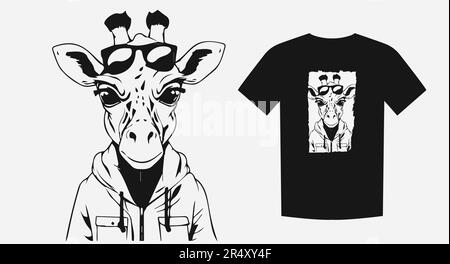 Stylish hipster giraffe portrait in a monochrome cartoon style. Perfect for clothing, logos, and prints. Whimsical and trendy. Vector illustration. Stock Vector