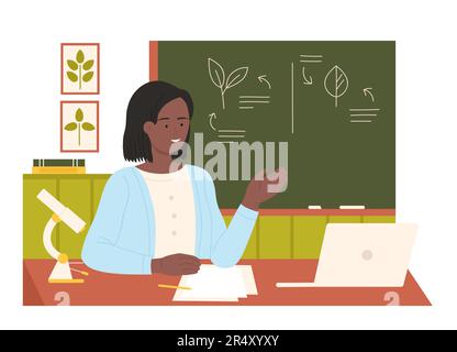 Cartoon woman training students of school, college or university on lesson, female professor teaching and explaining at chalkboard. Teacher standing at blackboard in classroom vector illustration. Stock Vector