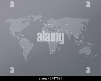 Dotted halftone world map with many highlighted capital cities on gray color gradient background. Modern and clean world map in black and white. Stock Photo