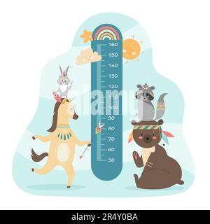 Kids height chart with cute boho animals vector illustration. Cartoon ruler with millimeter scale to measure growth of child with funny tribal raccoon and bear, bohemian bunny and pony with arrow Stock Vector