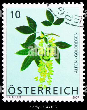 MOSCOW, RUSSIA - MAY 18, 2023: Postage stamp printed in Austria shows Scotch Laburnum (Laburnum Alpinum), Alpine Flowers serie, circa 2007 Stock Photo