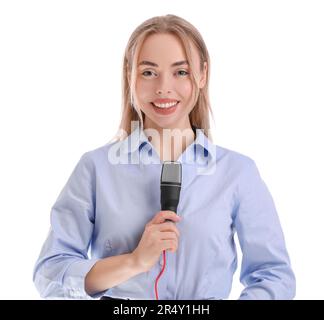 Female journalist with microphone on white background Stock Photo