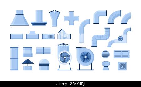Air duct set vector illustration. Cartoon isolated ventilation and equipment for cleaning air collection with industrial ventilators, ductwork pipes system and tubes, vents and fittings, chimney Stock Vector