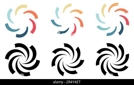 Circle arc cuts arranged in larger round, forming whirlpool swirl or fan blades like symbol,  version with six to eight elements Stock Vector