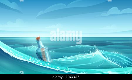 Cartoon scenery of tropics, paper hope message or scroll map of pirate treasure inside bottle in water. Tropical sea landscape with glass bottle vector illustration Stock Vector