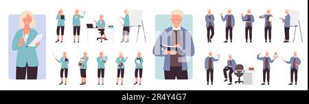 Teachers poses set vector illustration. Cartoon isolated male and female characters standing and pointing on board with stick, teaching and holding open book and globe on lecture, education process Stock Vector
