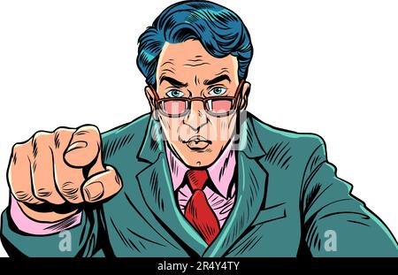 Chiefs choice. The customer points to the product he likes. A man in a suit and glasses points with his finger. Pop Art Retro Stock Vector