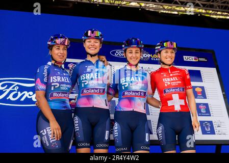 Israel Premier Tech Roland riders before the RideLondon Classique Stage 3 UCI Women's World Tour cycle race around roads in central London, UK. Stock Photo