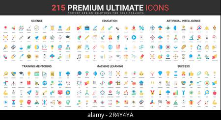 Science, education and artificial intelligence technology color flat icons set vector illustration. Abstract symbols of machine learning, success training simple design for mobile and web apps Stock Vector