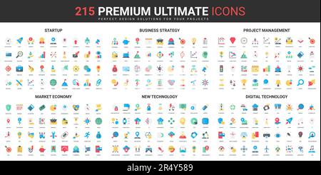 Business startup, project management, new digital technology color flat icons set vector illustration. Abstract symbols of market economy strategy, organization simple design for mobile and web apps Stock Vector