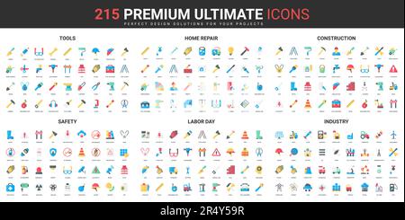 Tools and equipment for home repair and building construction color flat icons set vector illustration. Abstract symbols of labor day, safety in industry simple design for mobile and web apps Stock Vector