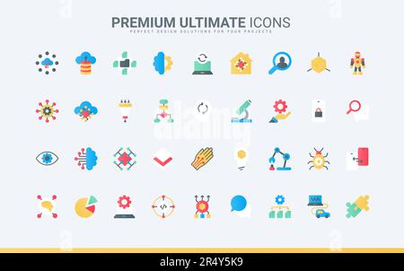 Digital brain of bot and automatic machine learning, science future technology and automation network process, electronic smart tech system. AI trendy flat icons set vector illustration Stock Vector