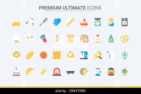 Sweet food collection with kitchen equipment to cook dessert and bake bread, sugar pictogram menu for restaurant cafe. Bakery, confectionery flat icons set vector illustration Stock Vector