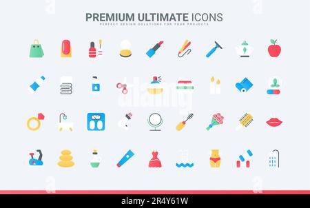 Trendy flat color icons for beauty cosmetics and skin care, including makeup, natural herbal lotion cream, healthy massage, candle spa relax for body health, salon therapy vector illustration Stock Vector
