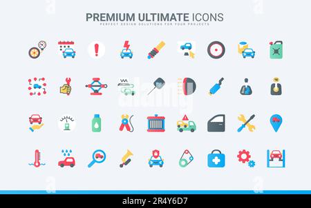Trendy flat color icons for car maintenance service, workshop garage equipment, including mechanic tools to repair engine, change tires, road safety sign, and emergency call vector illustration Stock Vector