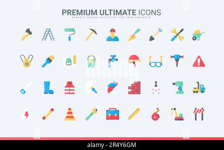 Building construction and repair equipment and tools trendy flat color icons. Builder in helmet, protection boots, roulette level and crane, electricity brickwork symbols vector illustration. Stock Vector