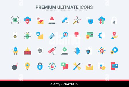 Secure information trendy flat icons set for computer, laptop, phone cyber security. Internet technology, protection from virus attack, malware, and access in network vector illustration Stock Vector