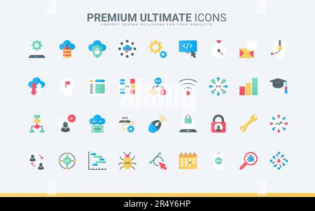 Maintenance of cloud service, data export, modify and synchronisation with server, antivirus programming. Support for computer software, program code trendy flat icons set vector illustration Stock Vector