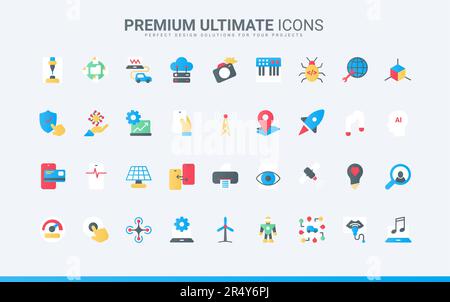 Vector illustration set of digital technology flat color icons including AI machine learning, smart home, data communication, internet network symbols, robot support service, and eco tech startup. Stock Vector