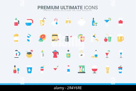 Restaurant and bar menu collection with mineral water, alcohol cocktails and fruit vitamin juice, hot coffee and tea, champagne and beer glass. Drinks trendy flat icons set vector illustration. Stock Vector