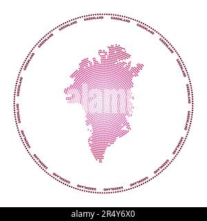 Greenland round logo. Digital style shape of Greenland in dotted circle with country name. Tech icon of the country with gradiented dots. Stock Vector