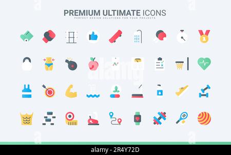 Equipment for training strength and muscles of body, diet for weight loss, yoga mat, tennis and basketball. Sport exercises in gym, fitness workout trendy flat icons set vector illustration Stock Vector