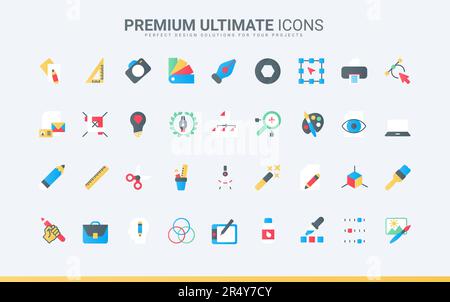 Tools for creative projects of designer, software and stationery for interface panel in mobile app, pack for creators portfolio. Graphic design trendy flat icons set vector illustration Stock Vector