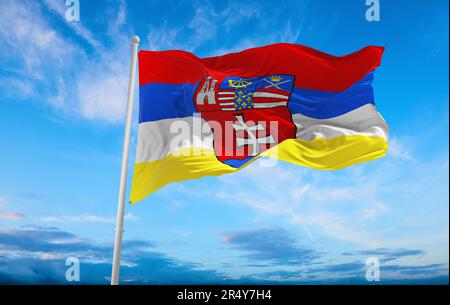 flag of German peoples Carpathian Germans at cloudy sky background, panoramic view. flag representing ethnic group or culture, regional authorities. c Stock Photo