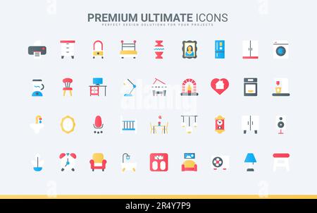 Elements for house interior, household equipment collection with wardrobe sink chair sofa bed lamp desk armchair. Home furniture and appliances trendy flat icons set vector illustration Stock Vector