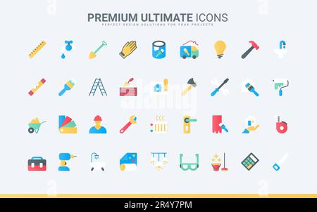 House renovation pictogram collection with wall paint roller, brush and hammer, level and drill tools for builders work. Home repair and decoration trendy flat icons set vector illustration Stock Vector