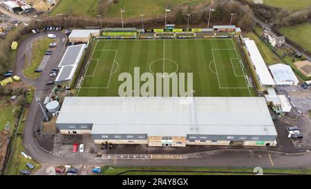 Aerial view of the New Lawn Stadium, home of Forest Green Rovers FC. It is also known as the Bolt New Lawn for sponsorship purposes Stock Photo