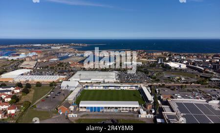 Aerial view of the Suit Direct Stadium (for sponsorship reasons), home of Hartlepool United FC. The ground is more well known as Victoria Park. It has also been called the Northern Gas and Power Stadium and the Super 6 Stadium Stock Photo