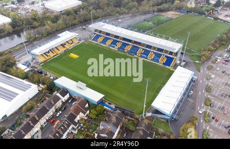 Aerial view of the One Call Stadium (for sponsorship purpose), home of Mansfield Town FC. It is more commonly known as Field Mill Stock Photo